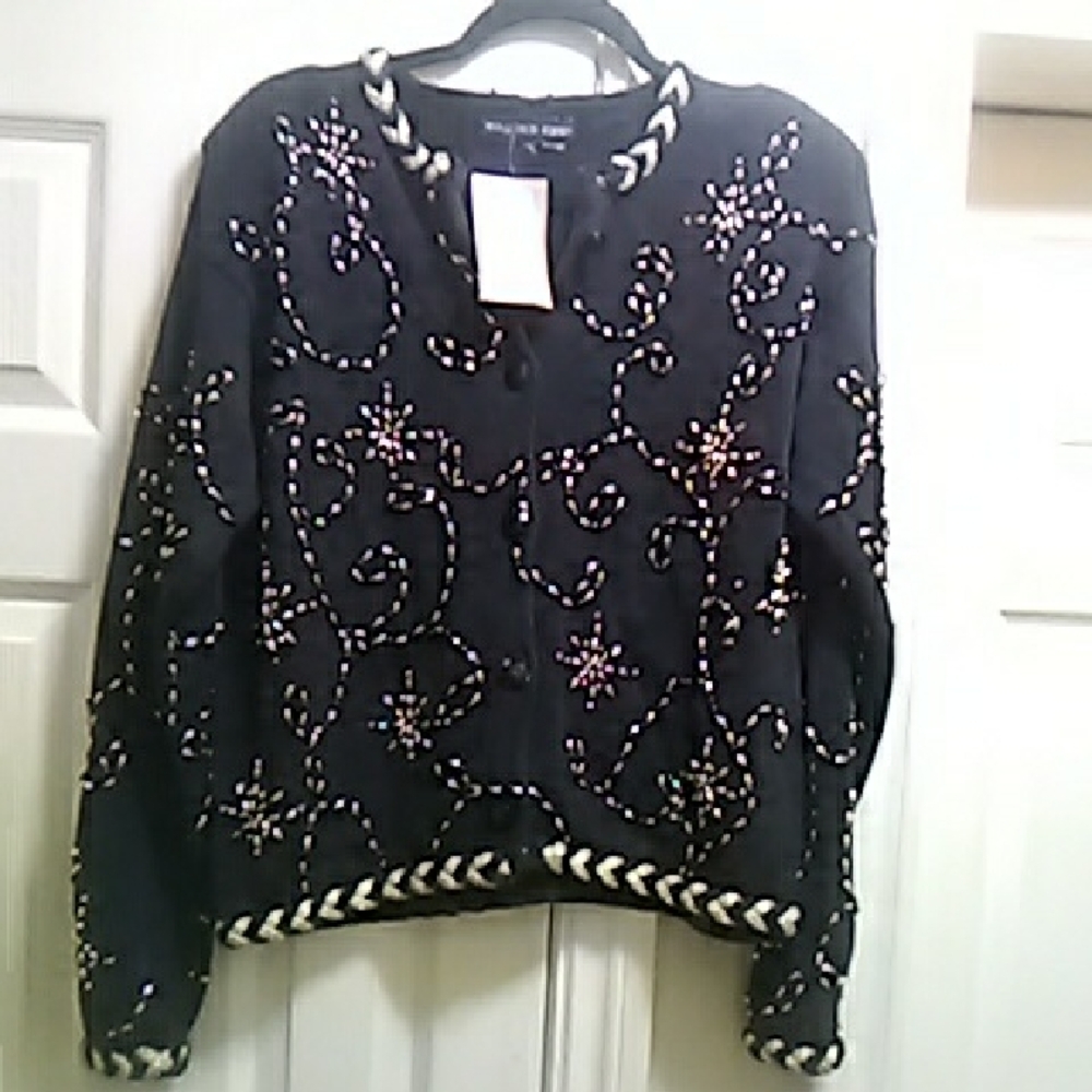 VINTAGE 1990 ELEGANT  Black Unique Beaded Cardigan with Gold  Trim Bust44